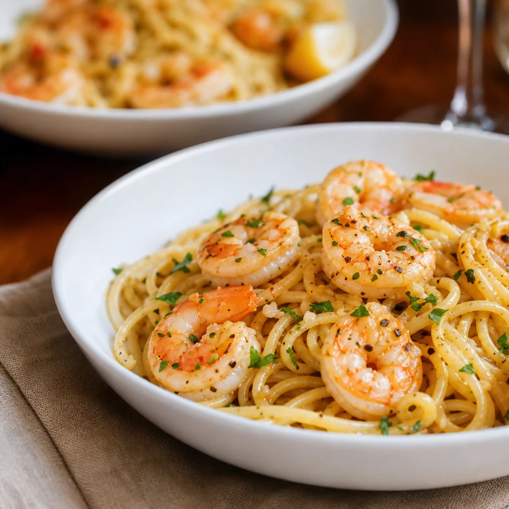 Garlic butter shrimp pasta served in bowls with parsley and lemon