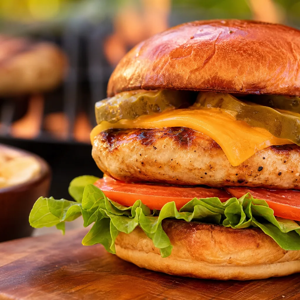 Juicy grilled turkey burger on a toasted bun with lettuce, tomato, and cheese
