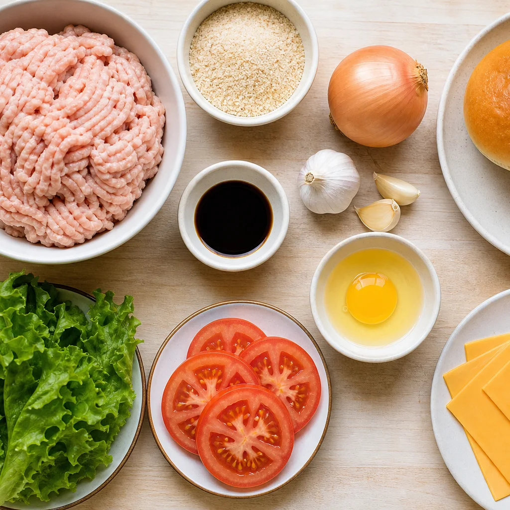 Turkey burger ingredients including ground turkey, breadcrumbs, onion, garlic, and burger buns