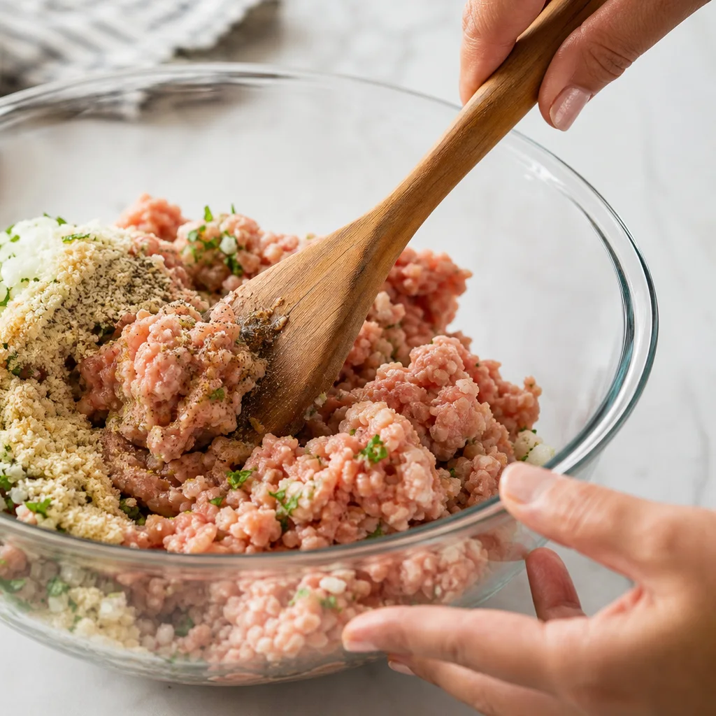 Ground turkey and burger ingredients mixed together in a bowl