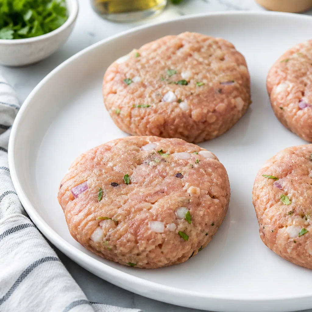 Raw turkey burger patties shaped on a plate before cooking