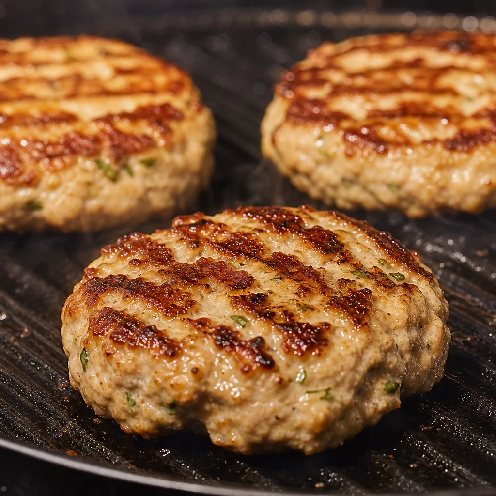Turkey burger patties cooking on a hot grill with sear marks