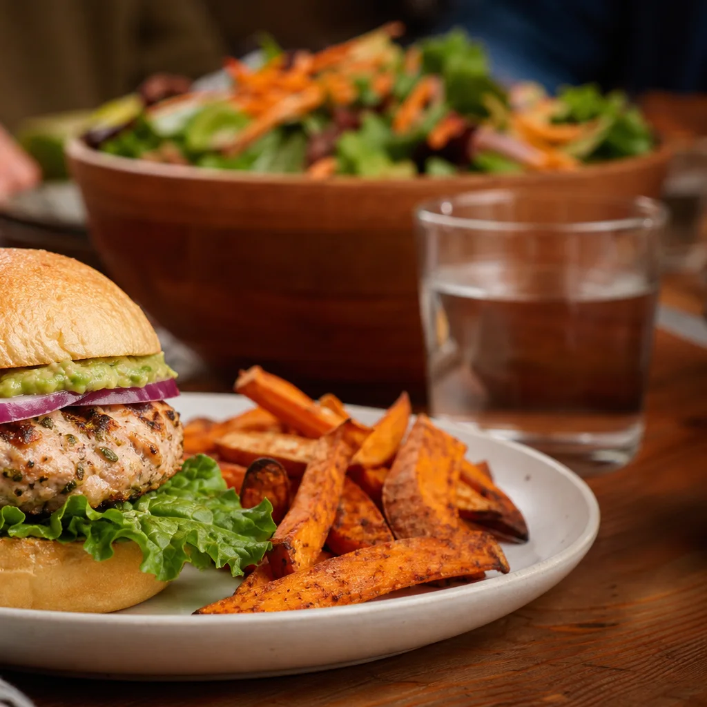 Assembled turkey burgers served on a plate with side dishes