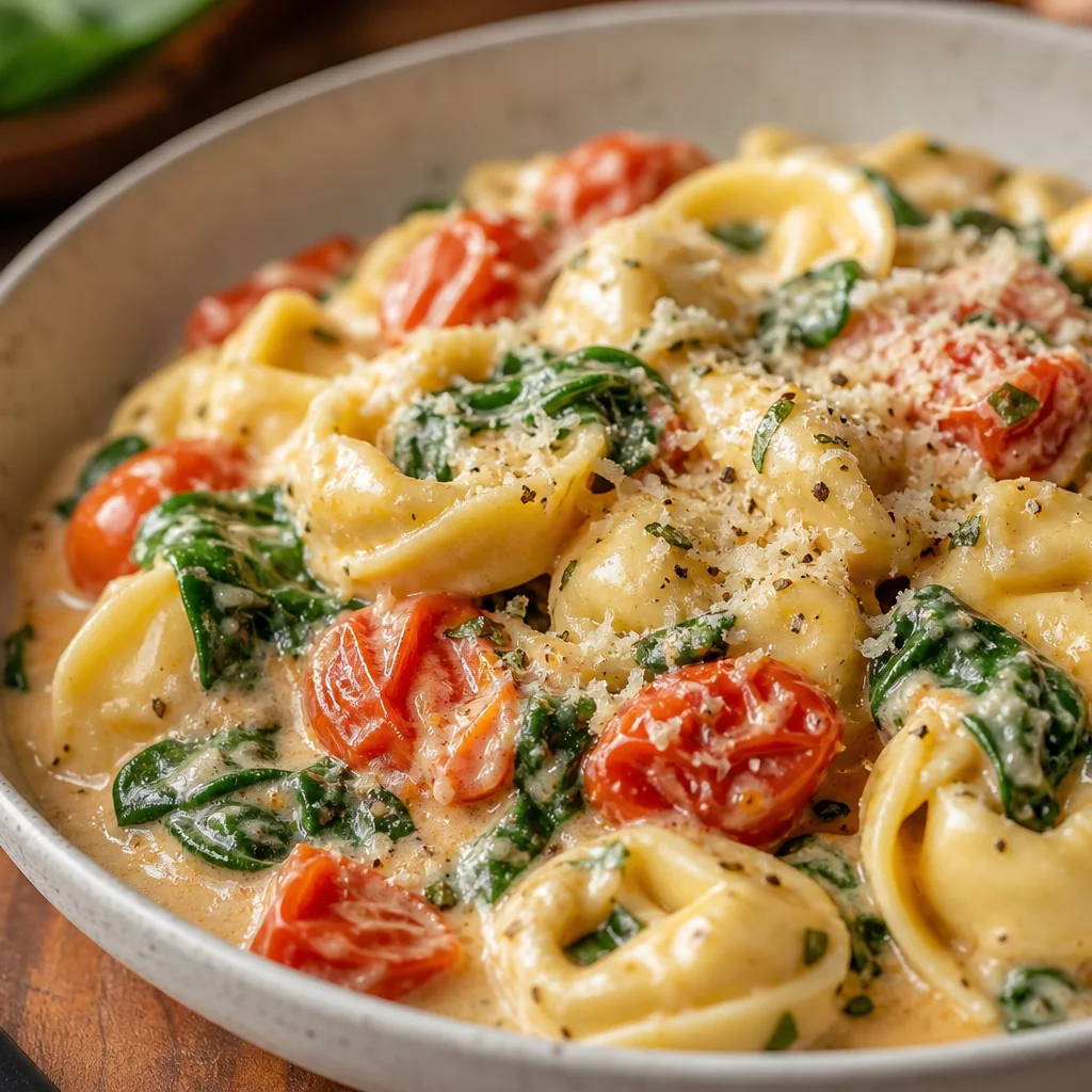 Easy creamy spinach tomato tortellini with cheese tortellini, spinach, and cherry tomatoes in a bowl