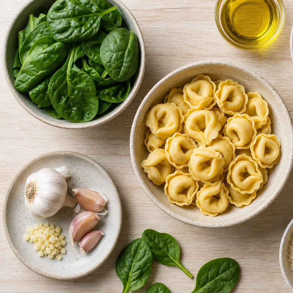 Creamy spinach tomato tortellini ingredients including cheese tortellini, spinach, cherry tomatoes, and cream
