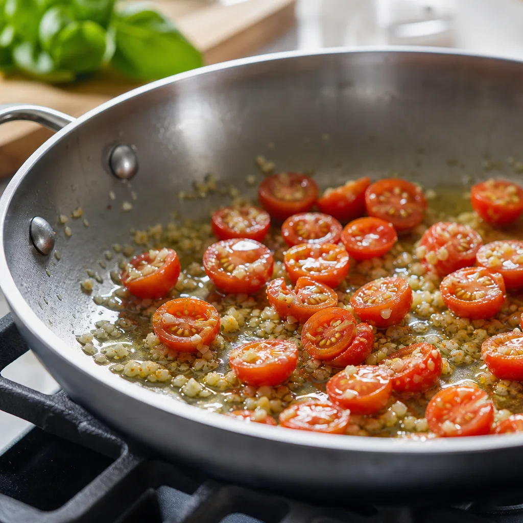 Garlic and cherry tomatoes sautéing in olive oil for tortellini sauce