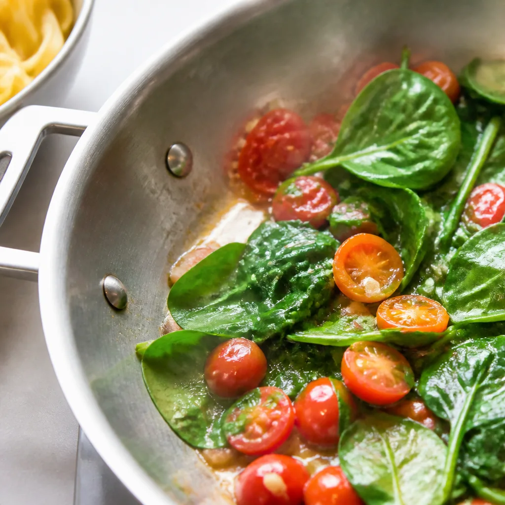 Fresh spinach wilting with cherry tomatoes in a skillet