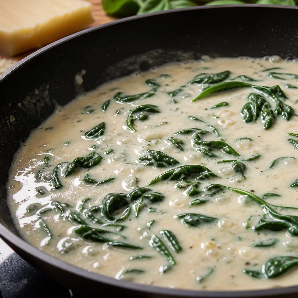 Creamy garlic parmesan sauce with spinach simmering in a skillet