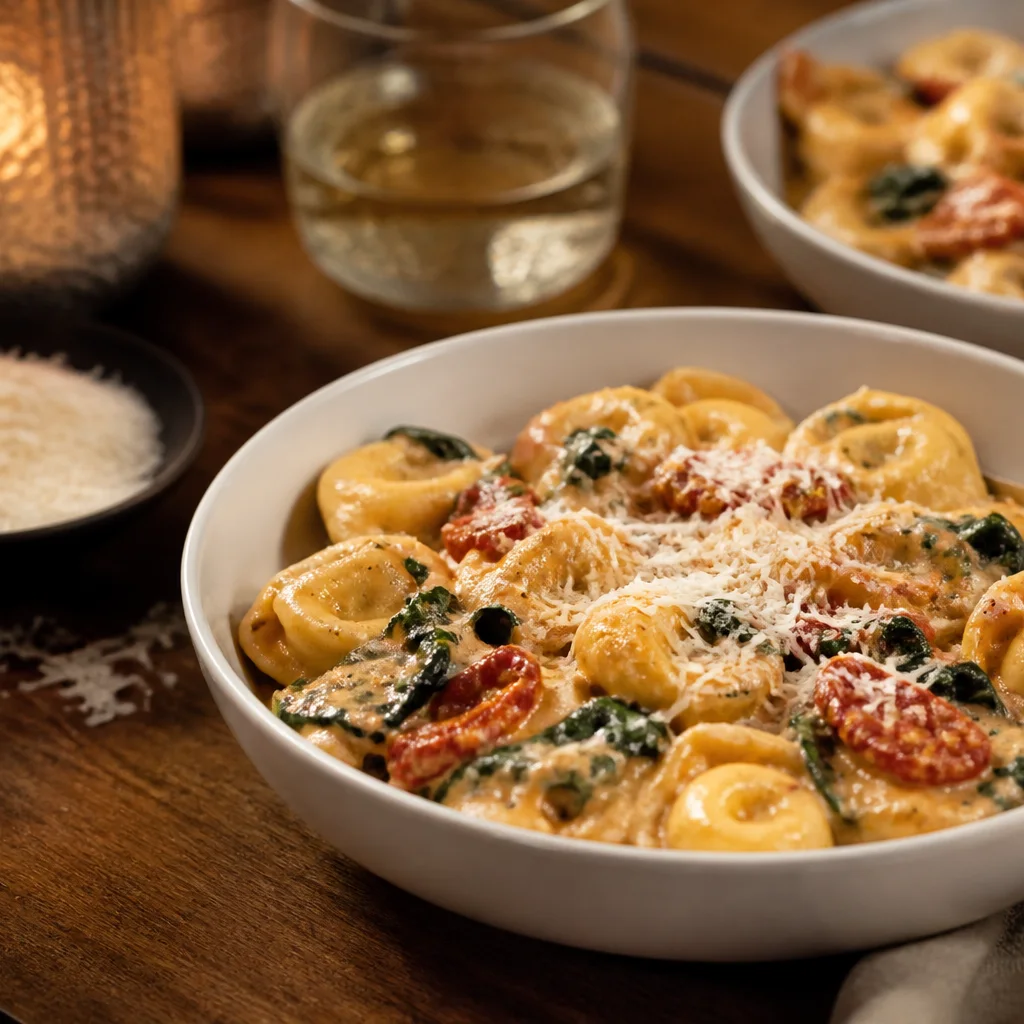 Creamy spinach tomato tortellini served in bowls with parmesan on top