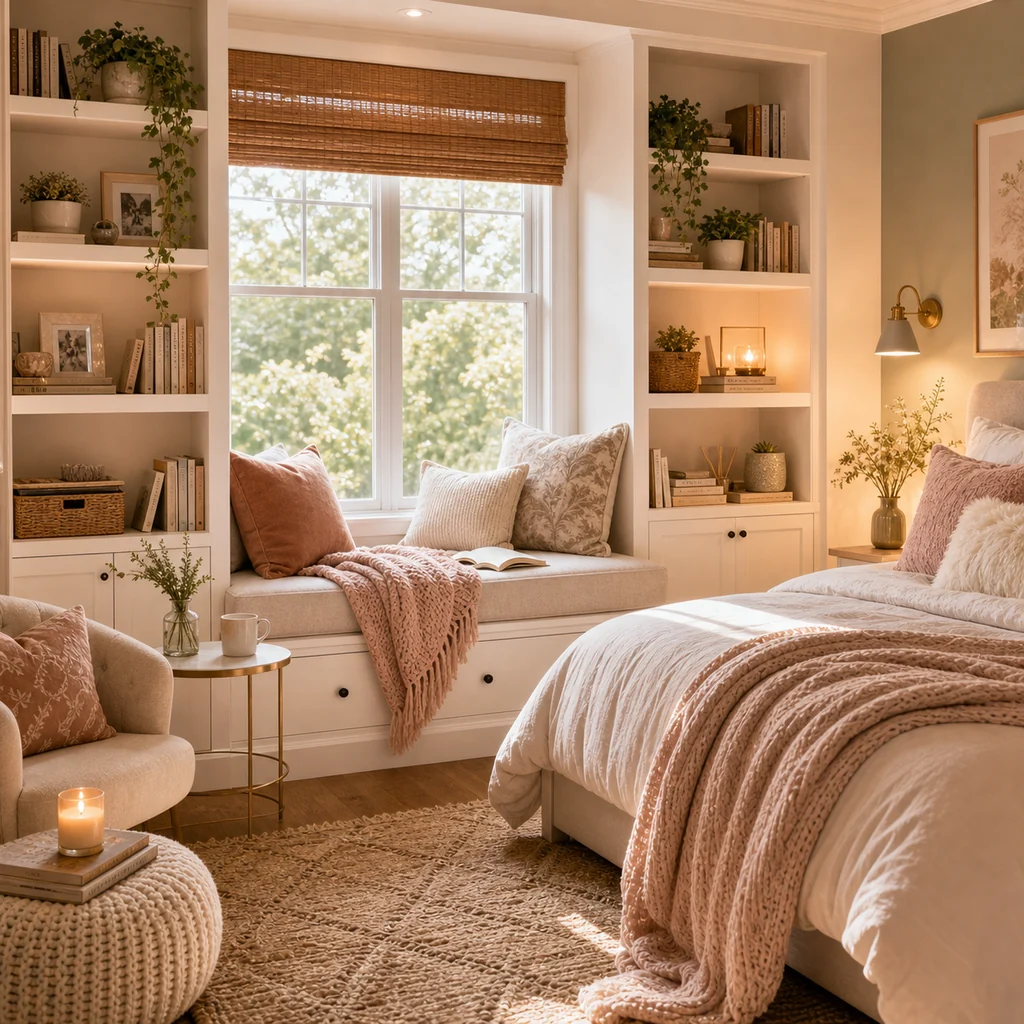 teen girls bedroom with cozy window seat reading nook and bookshelves