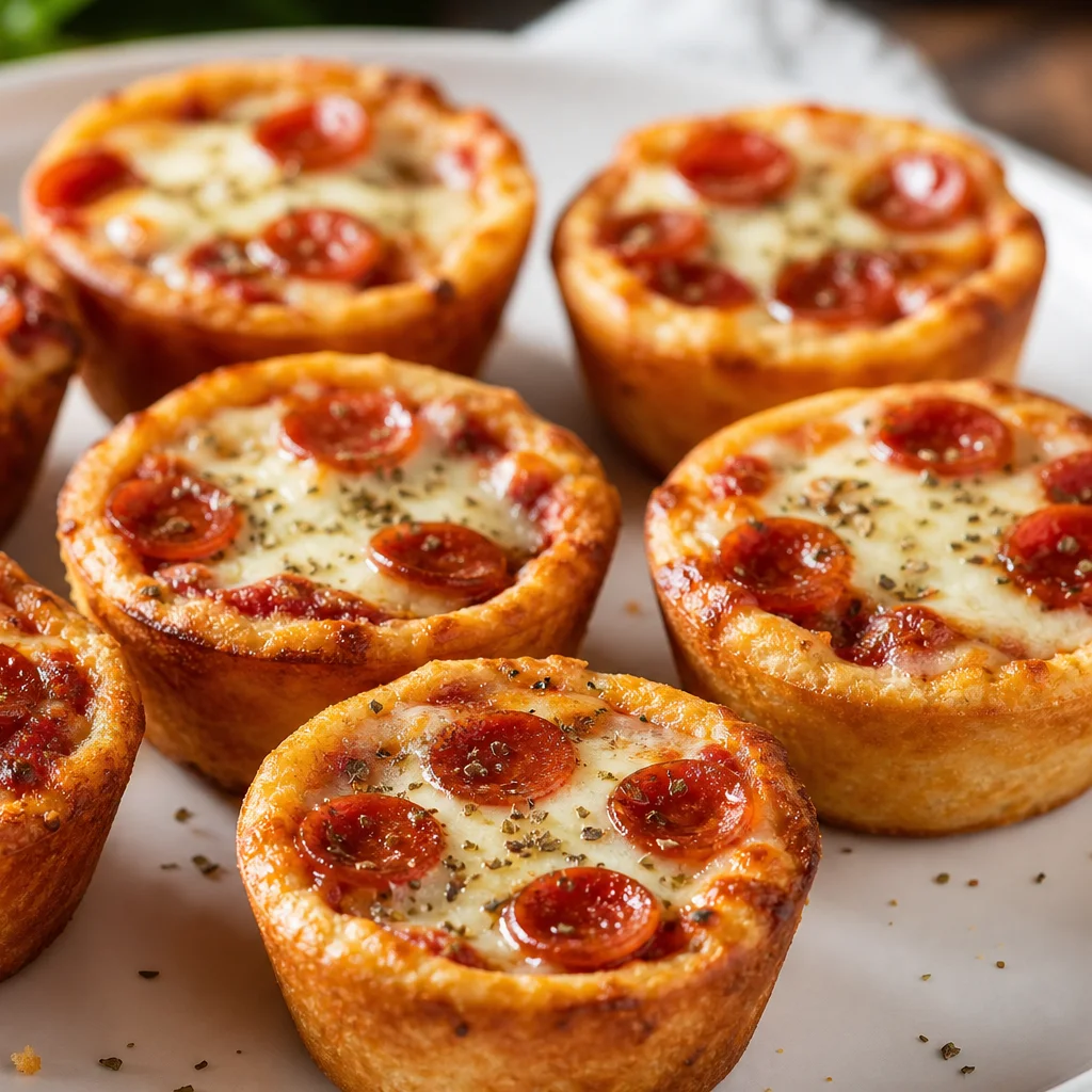 Mini deep dish pizzas with pepperoni, melted mozzarella, and golden muffin tin crusts on a plate