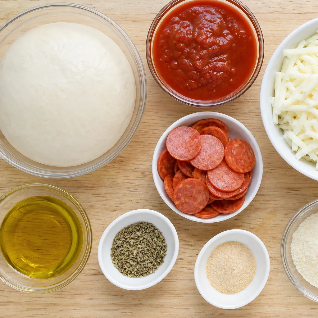 Mini deep dish pizza ingredients including pizza dough, sauce, mozzarella, pepperoni, and parmesan