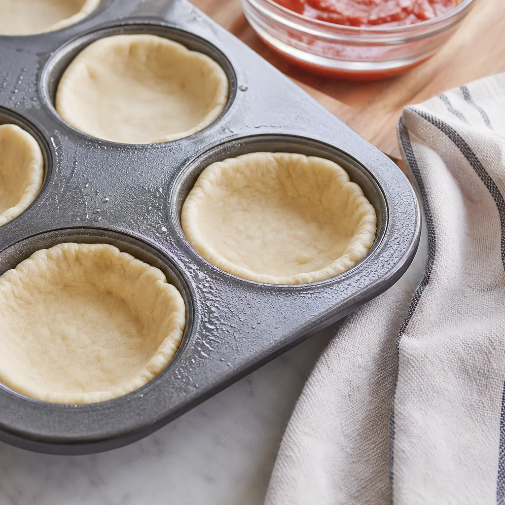 Pizza dough circles pressed into a greased muffin tin for mini deep dish pizzas
