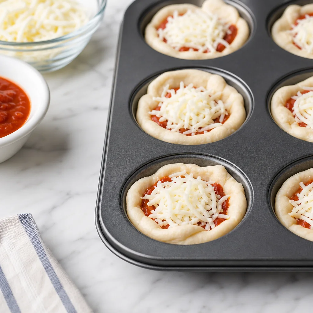 Pizza sauce and mozzarella cheese added to dough cups in a muffin tin