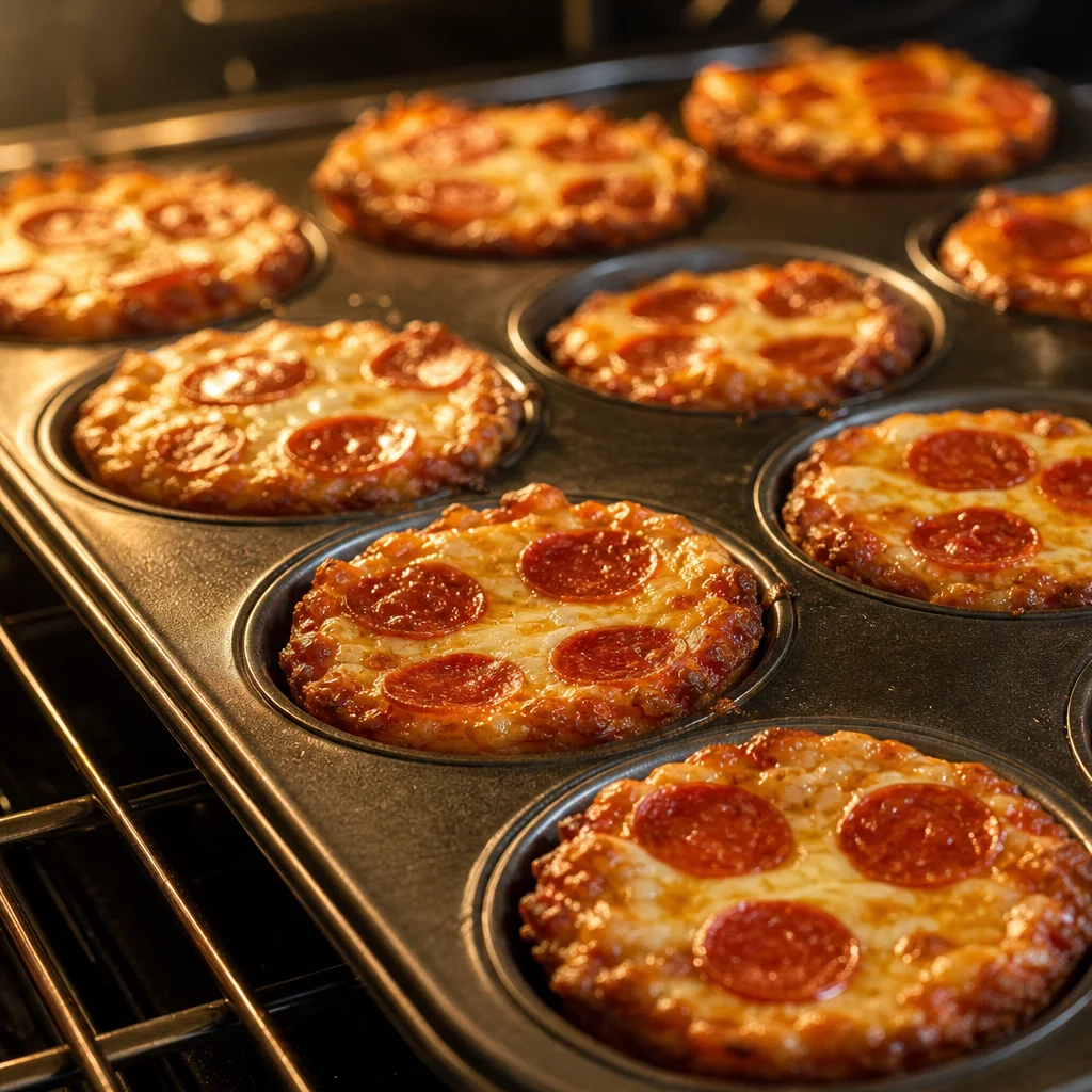 Mini deep dish pizzas baking in a muffin tin with golden cheese and pepperoni