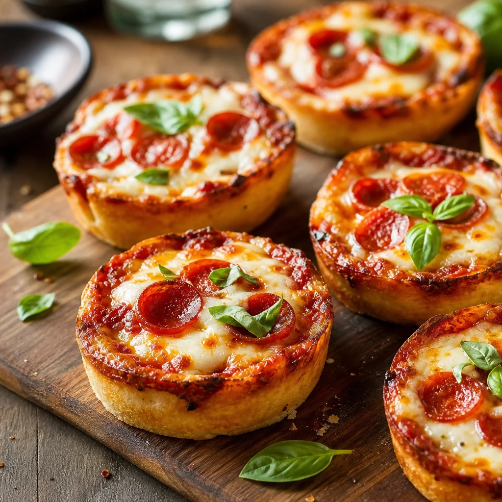 Mini deep dish pizzas served on a wooden board with melted cheese and pepperoni