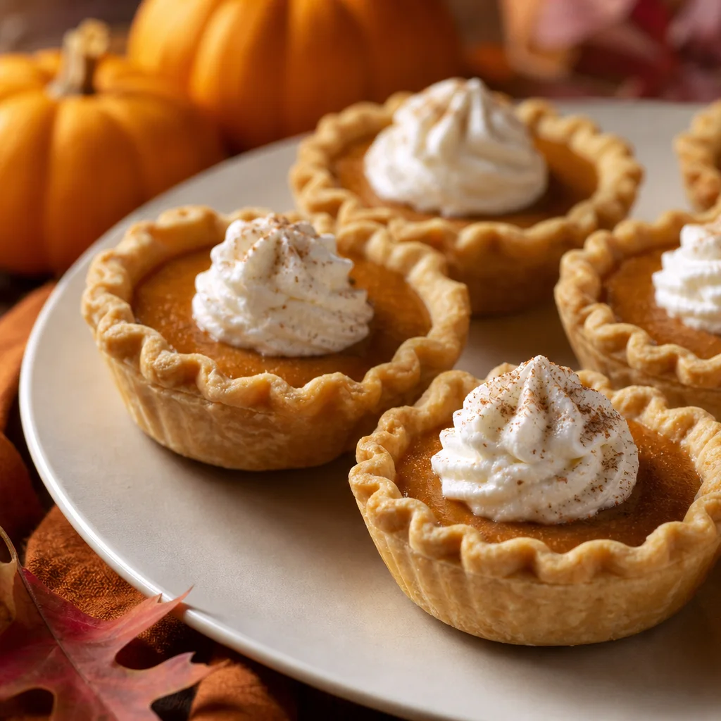 Mini pumpkin pies with golden crusts, creamy filling, and whipped cream on a holiday dessert plate