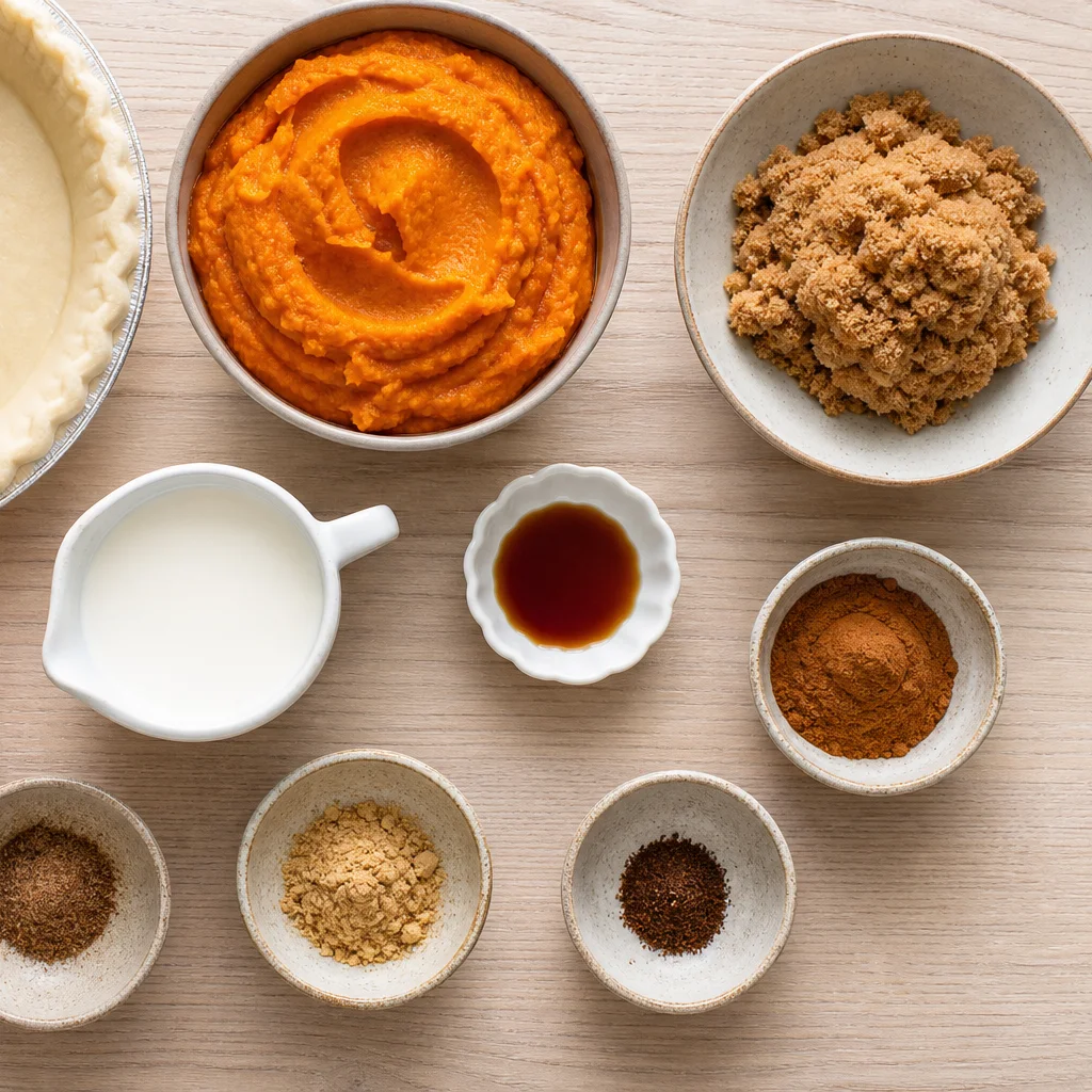 Mini pumpkin pie ingredients including pie crust, pumpkin puree, brown sugar, cream, and spices
