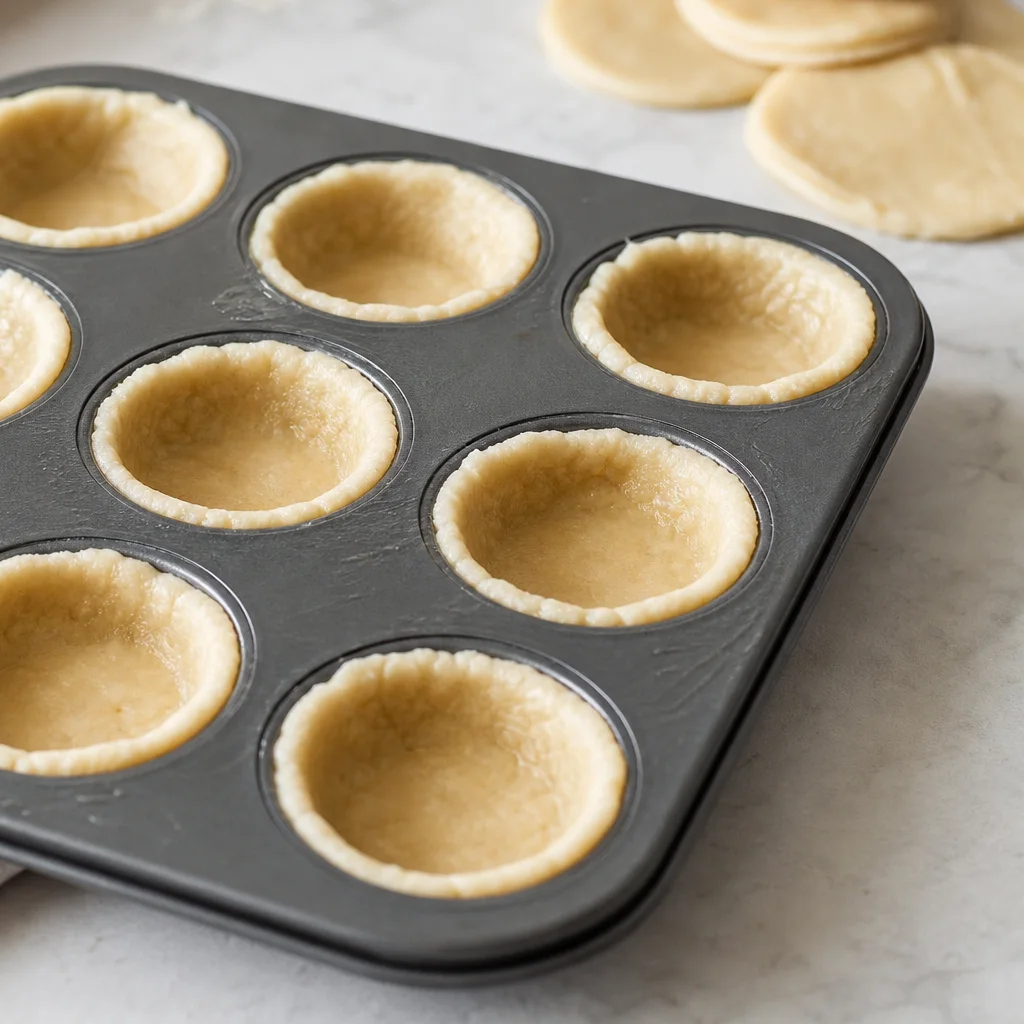 Pie crust circles pressed into a greased muffin tin for mini pumpkin pies