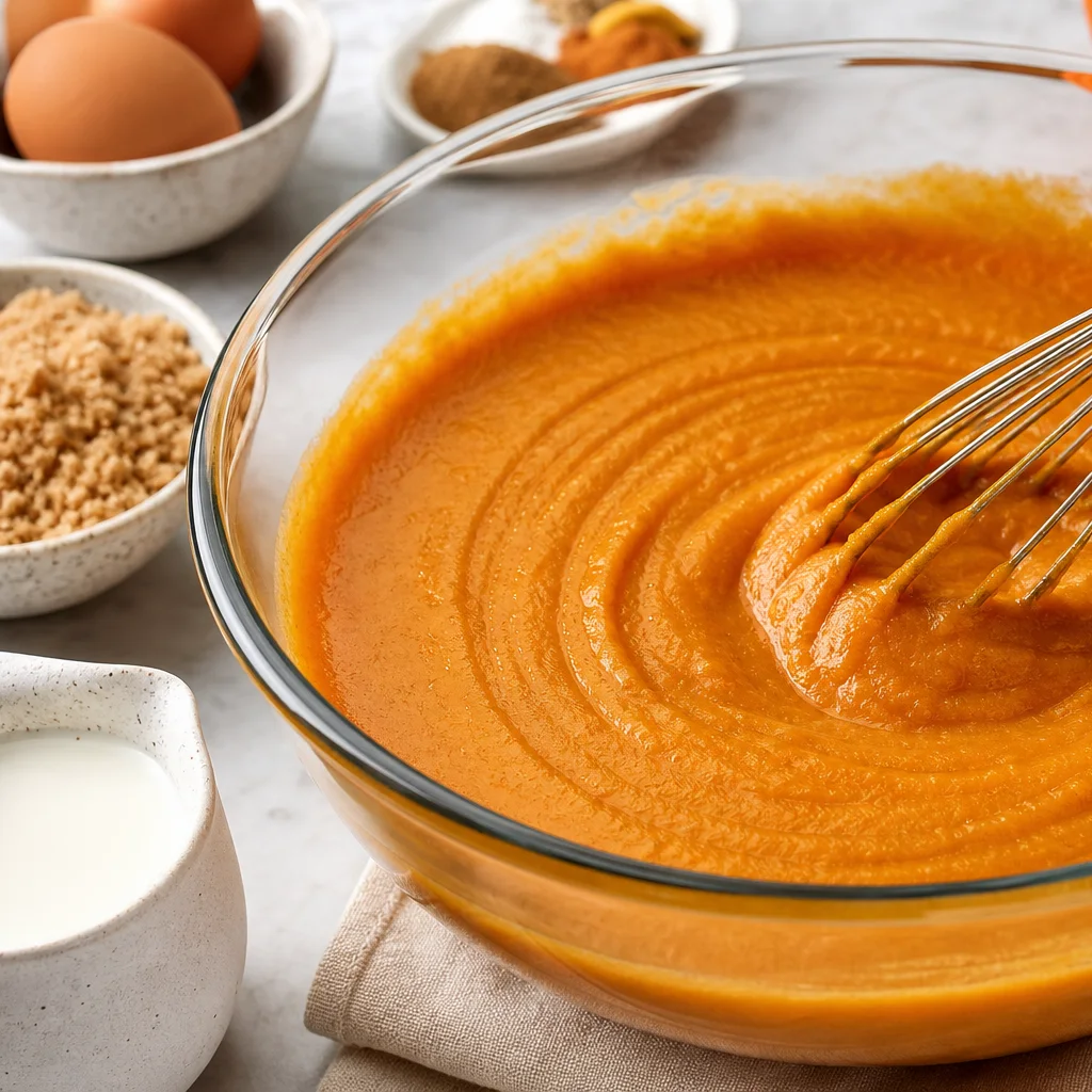 Smooth pumpkin pie filling whisked with brown sugar, cream, egg, and warm spices