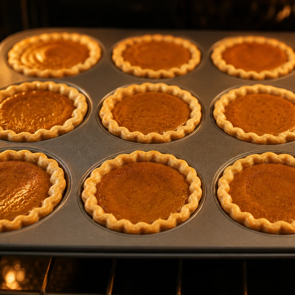 Mini pumpkin pies baking in a muffin tin with golden crusts and set filling