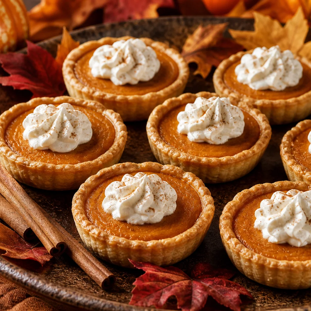 Mini pumpkin pies served on a holiday platter with whipped cream and cinnamon