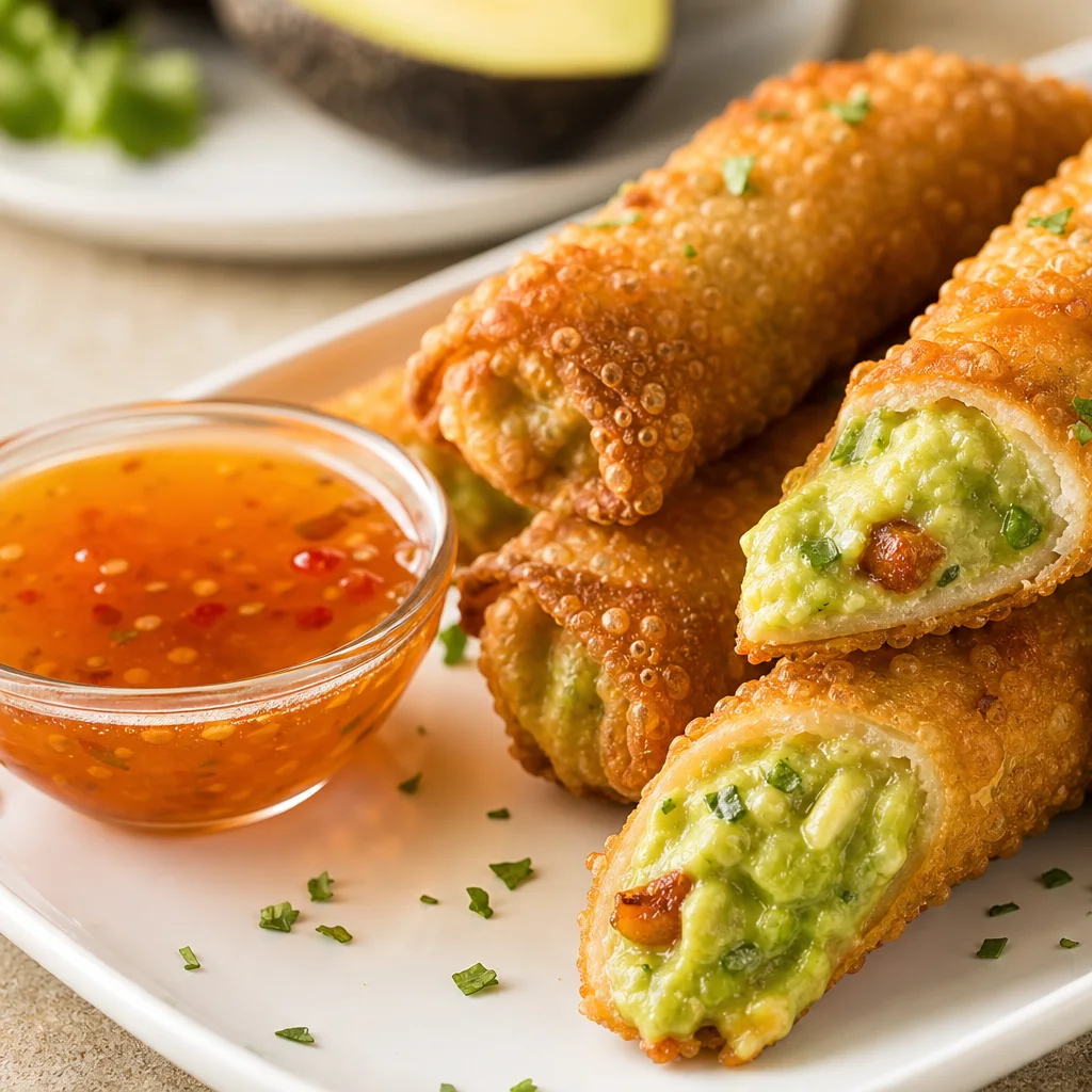 Crispy Cheesecake Factory style avocado egg rolls with creamy filling and sweet dipping sauce