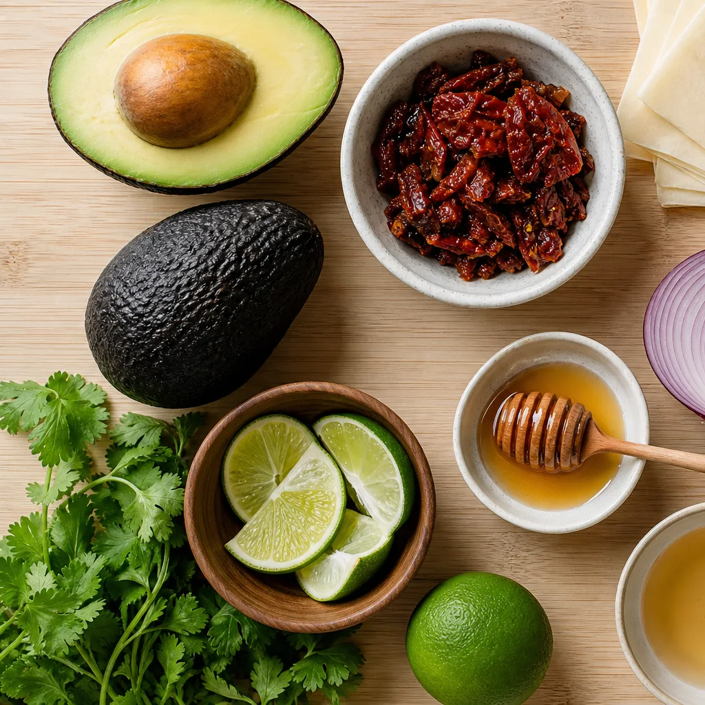 Avocado egg roll ingredients including avocados, sun-dried tomatoes, egg roll wrappers, and dipping sauce items