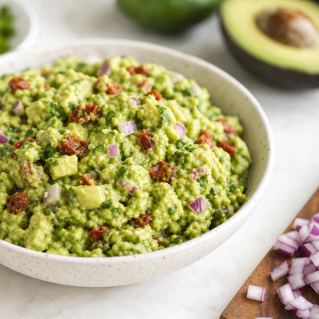Creamy avocado filling with sun-dried tomatoes, red onion, and cilantro in a bowl