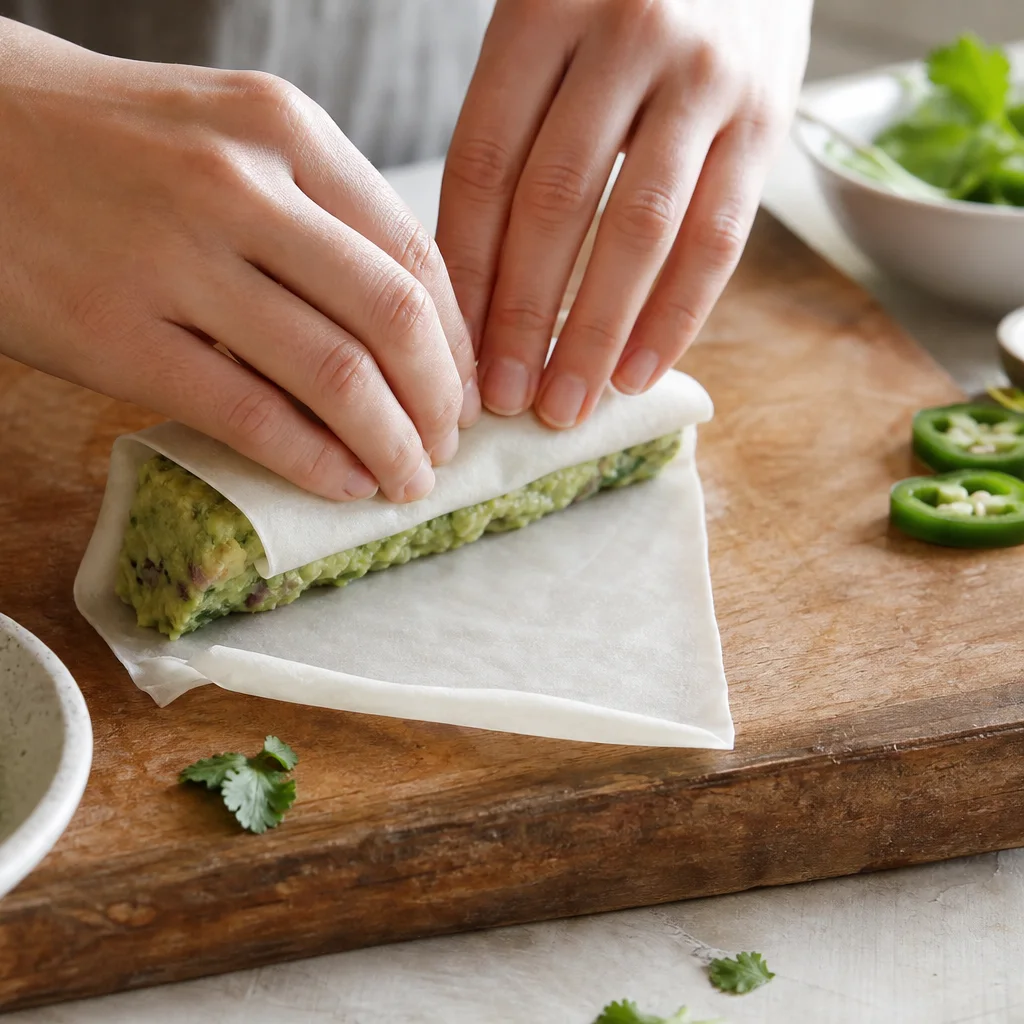 Avocado filling rolled inside an egg roll wrapper before frying