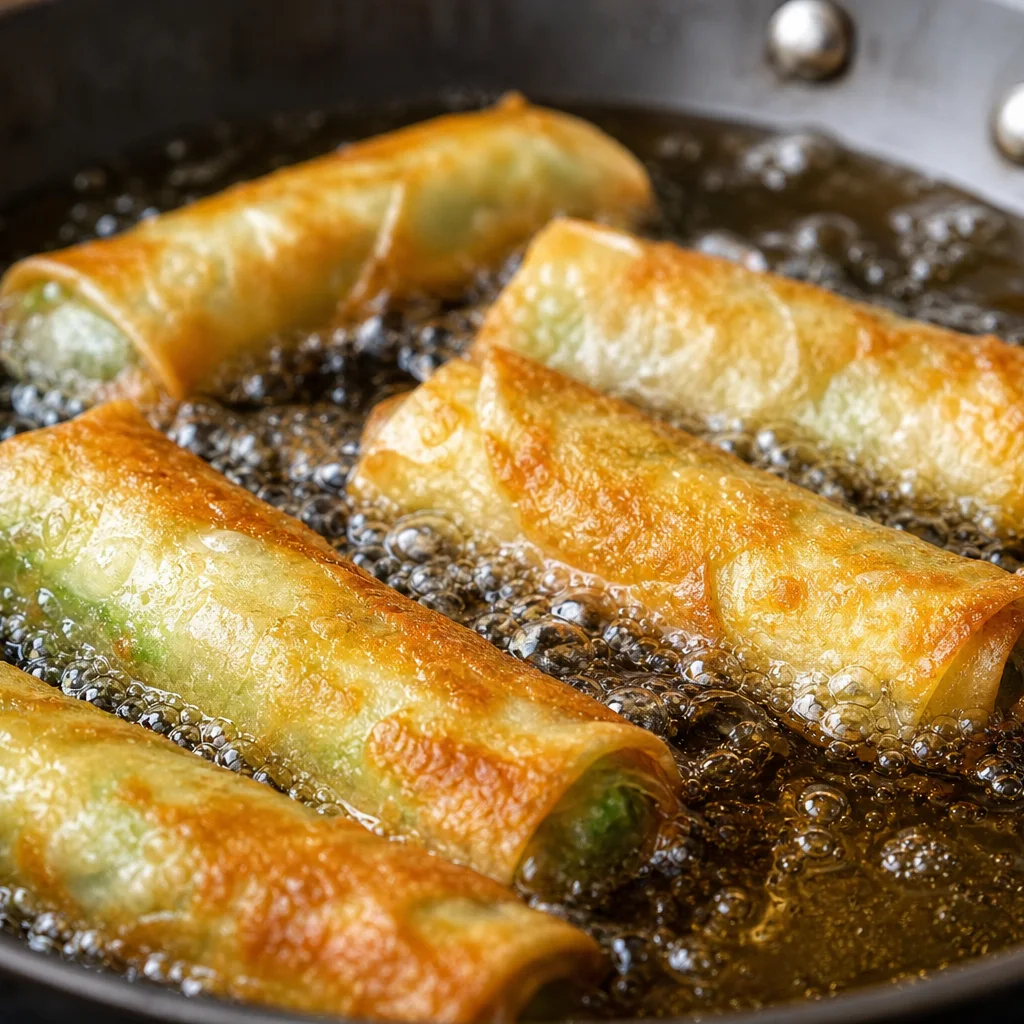 Avocado egg rolls frying in hot oil until golden and crispy