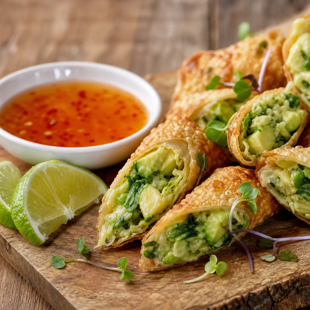 Cheesecake Factory style avocado egg rolls served with sweet tangy dipping sauce