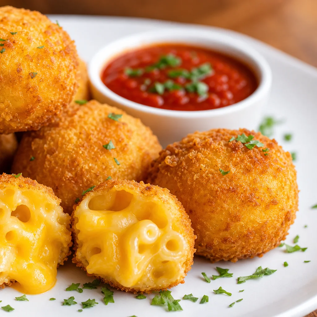 Golden crispy fried macaroni and cheese bites with gooey cheddar center and marinara dipping sauce