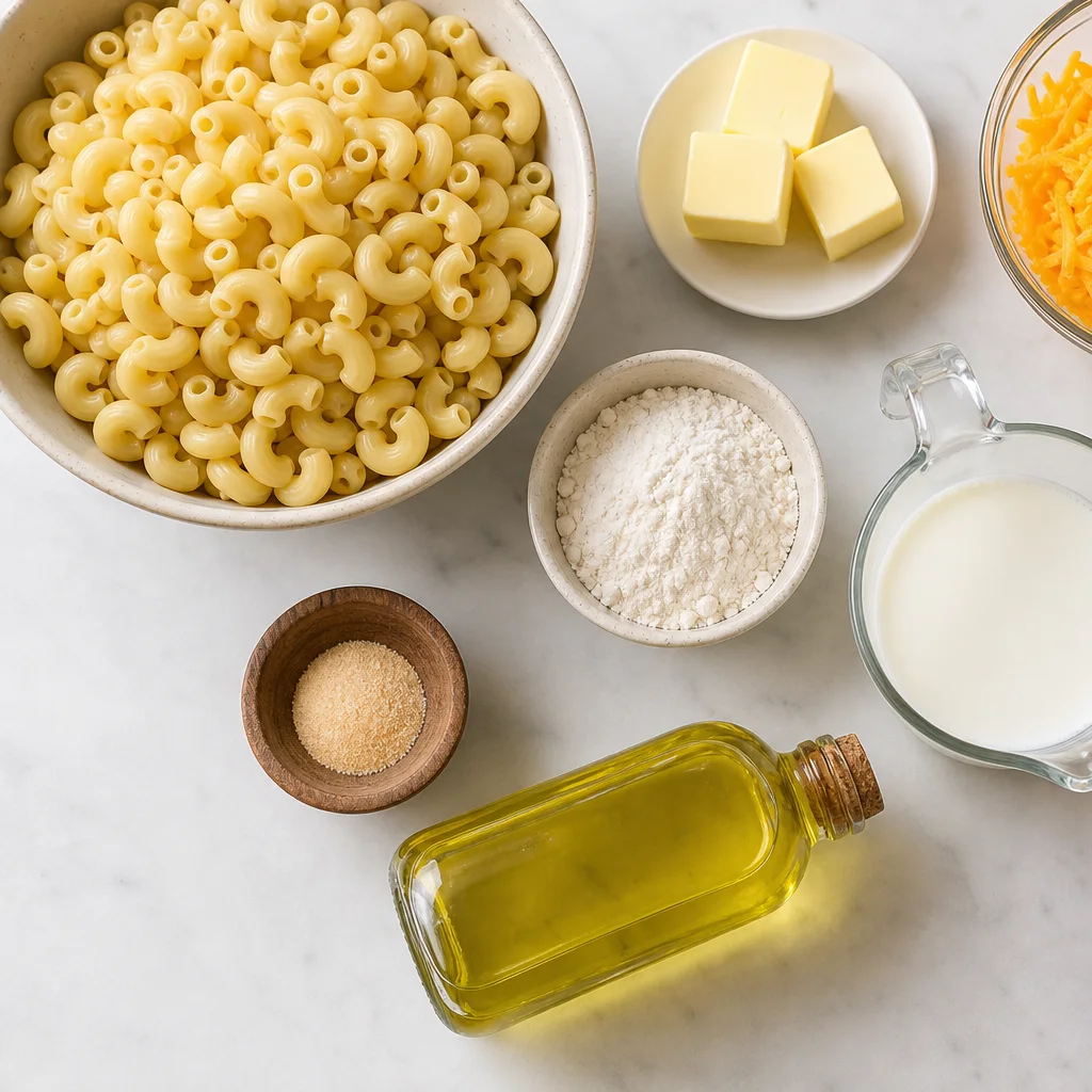 Ingredients for fried macaroni and cheese bites including macaroni, cheddar, milk, eggs, and breadcrumbs