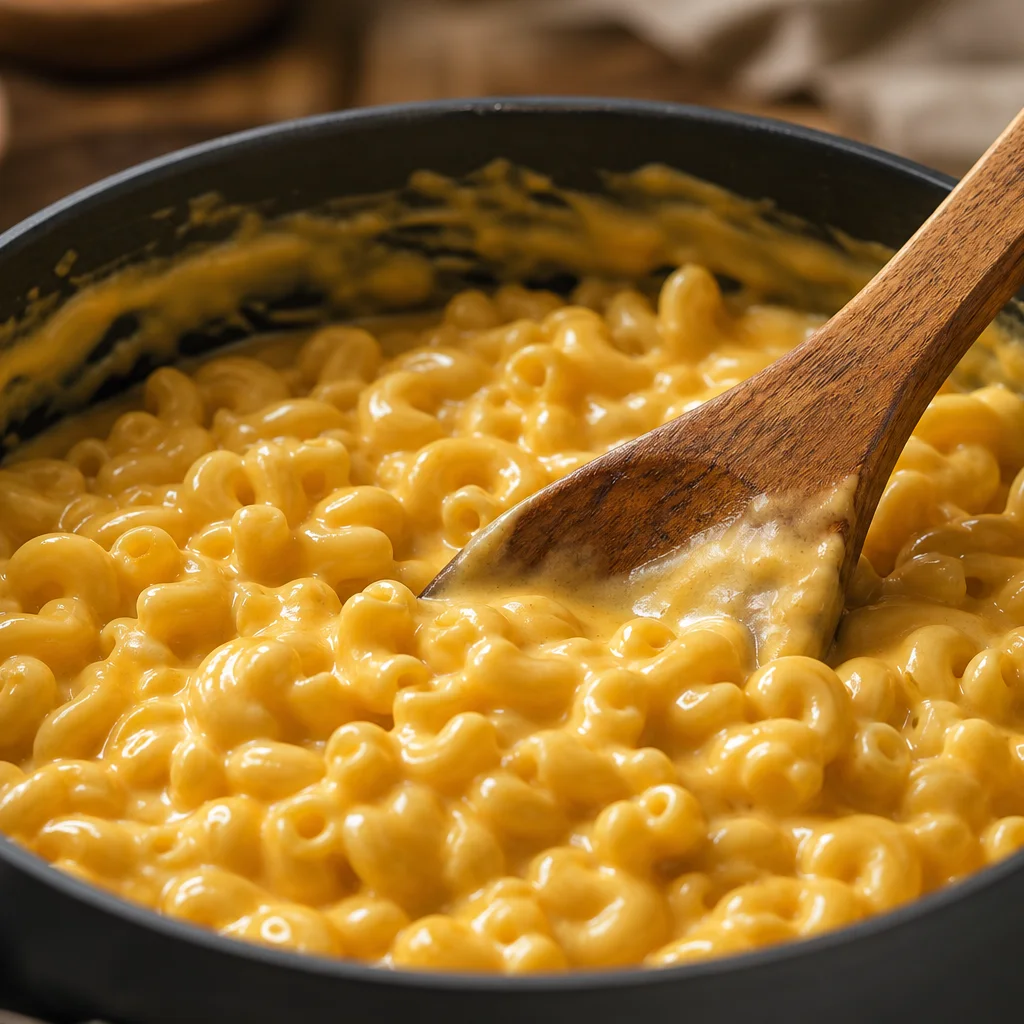 Creamy cheddar cheese sauce coating elbow macaroni in a saucepan