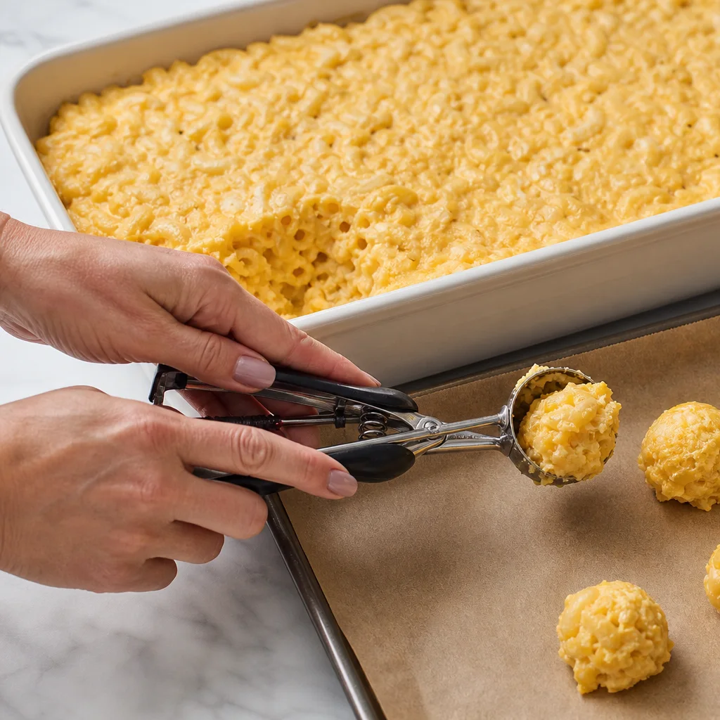 Chilled mac and cheese mixture scooped into bite-sized balls on parchment paper