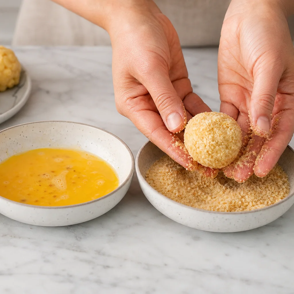 Mac and cheese balls coated in flour egg and breadcrumb breading station