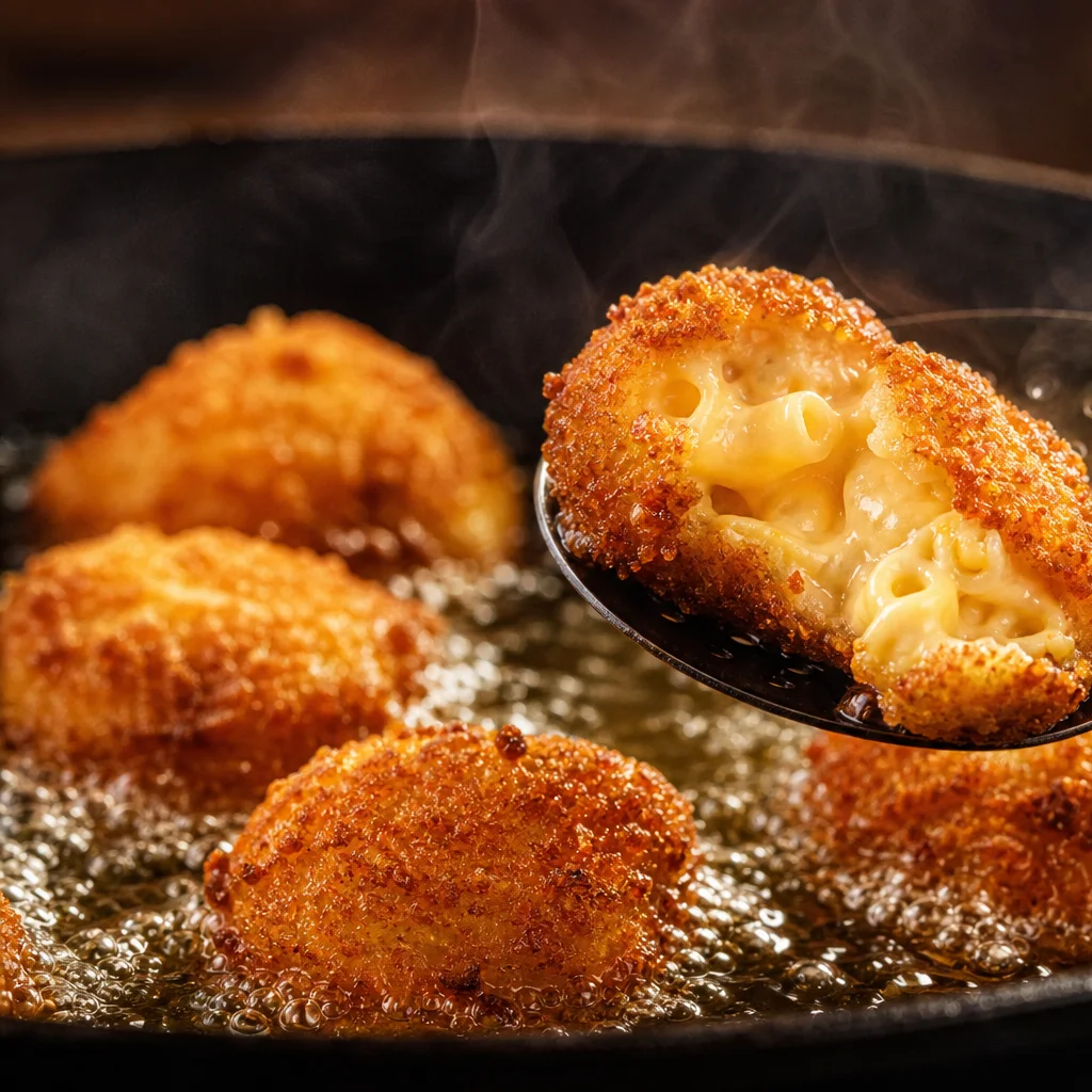 Fried macaroni and cheese bites cooking in hot oil until golden and crispy