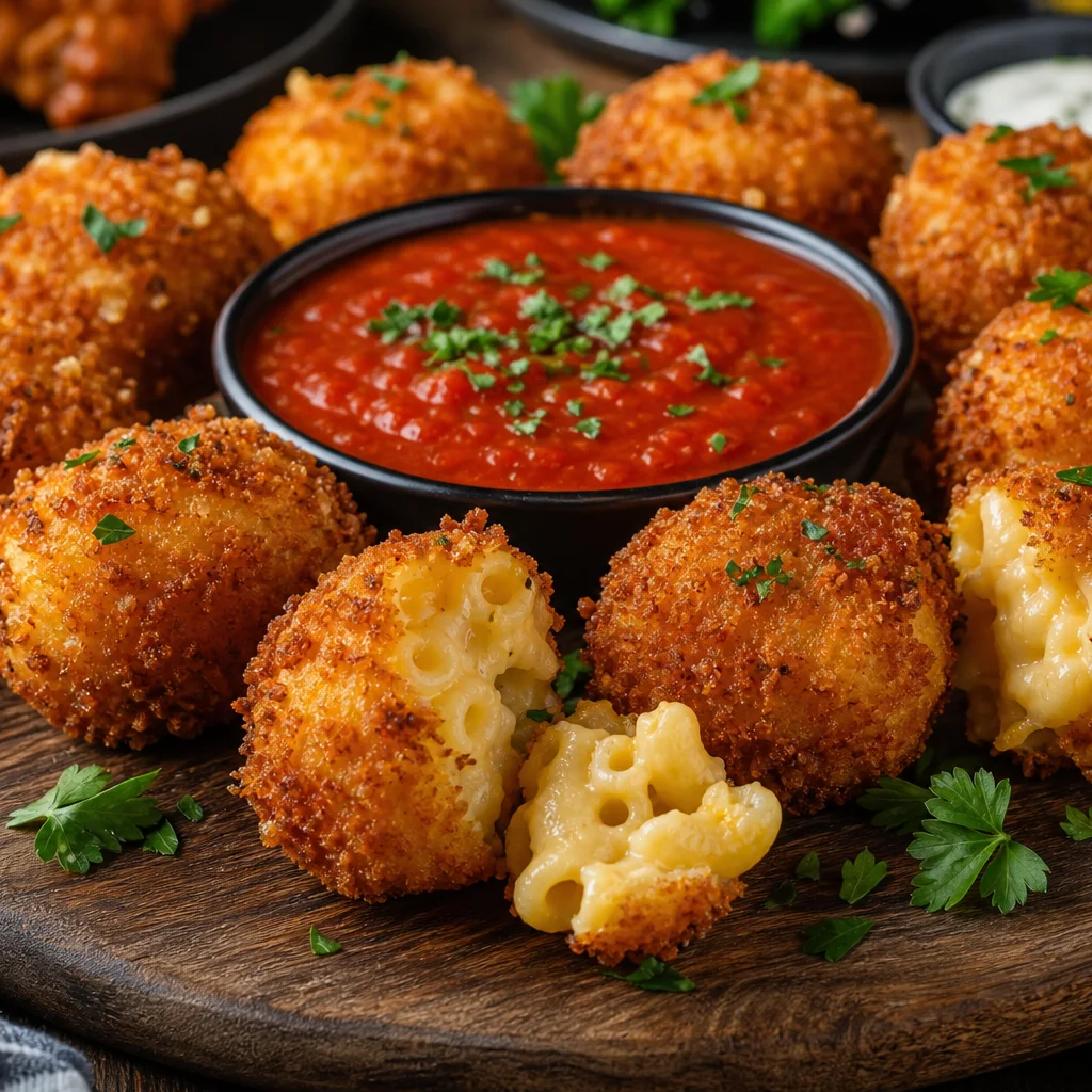 Crispy fried macaroni and cheese bites served with marinara dipping sauce on a party platter