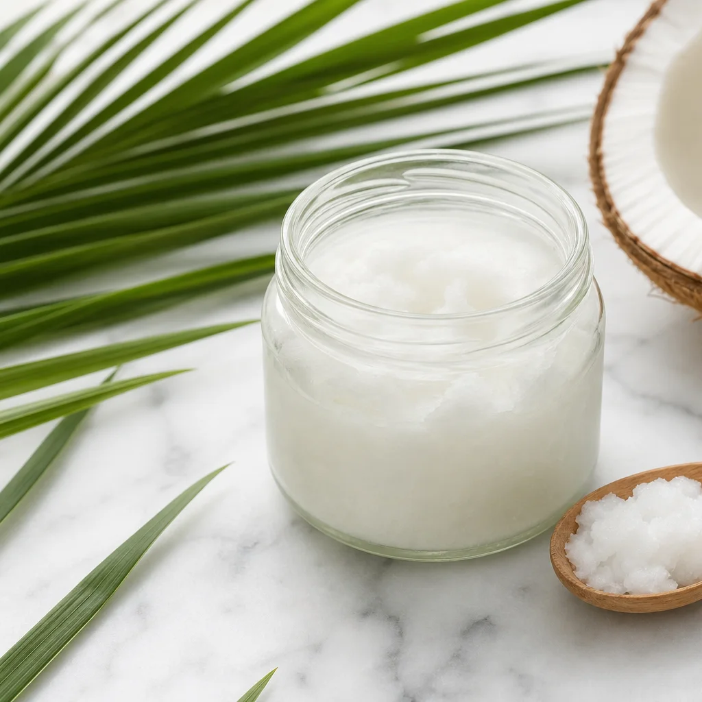 Jar of virgin coconut oil with fresh coconut and natural wellness supplies on a clean counter