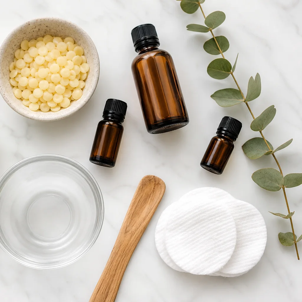 Coconut oil jar with beeswax, essential oils, and DIY beauty supplies on a counter