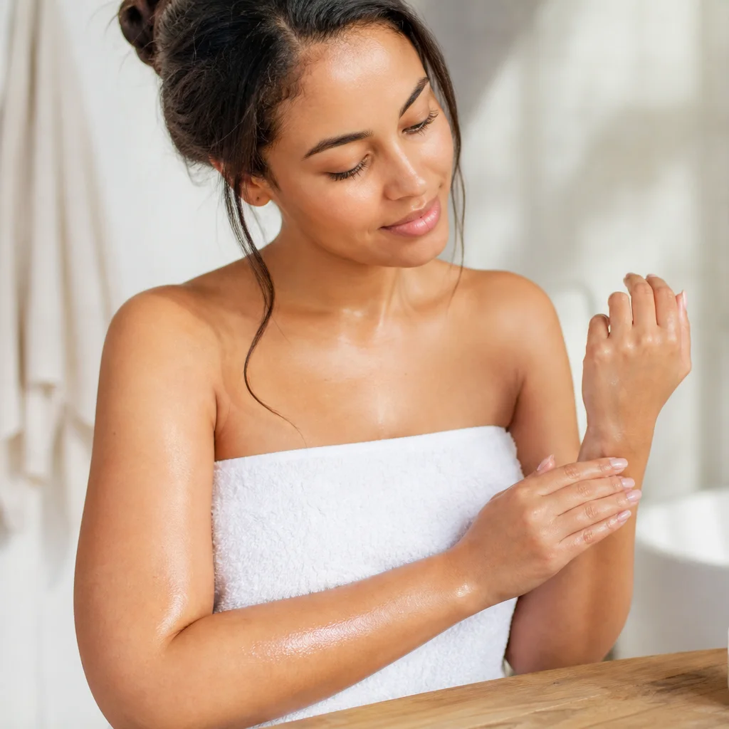 Applying coconut oil as a natural skin moisturizer on hands in a bright bathroom