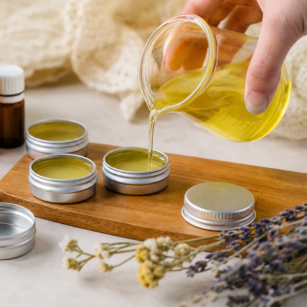 Homemade coconut oil lip balm being poured into small tins on a DIY craft table
