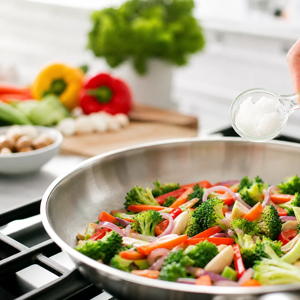 Coconut oil being used for healthy cooking in a skillet with fresh vegetables