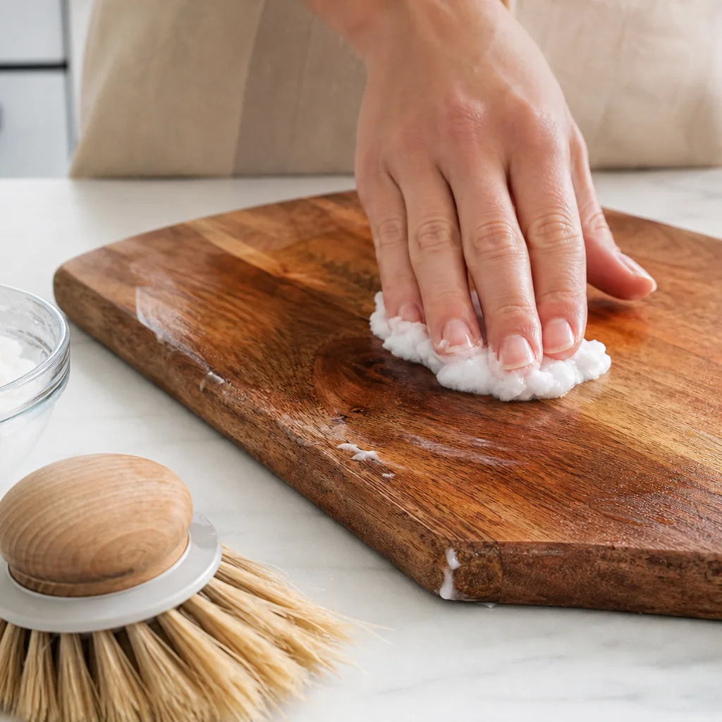 Coconut oil and baking soda natural cleaner with scrub brush on a kitchen counter