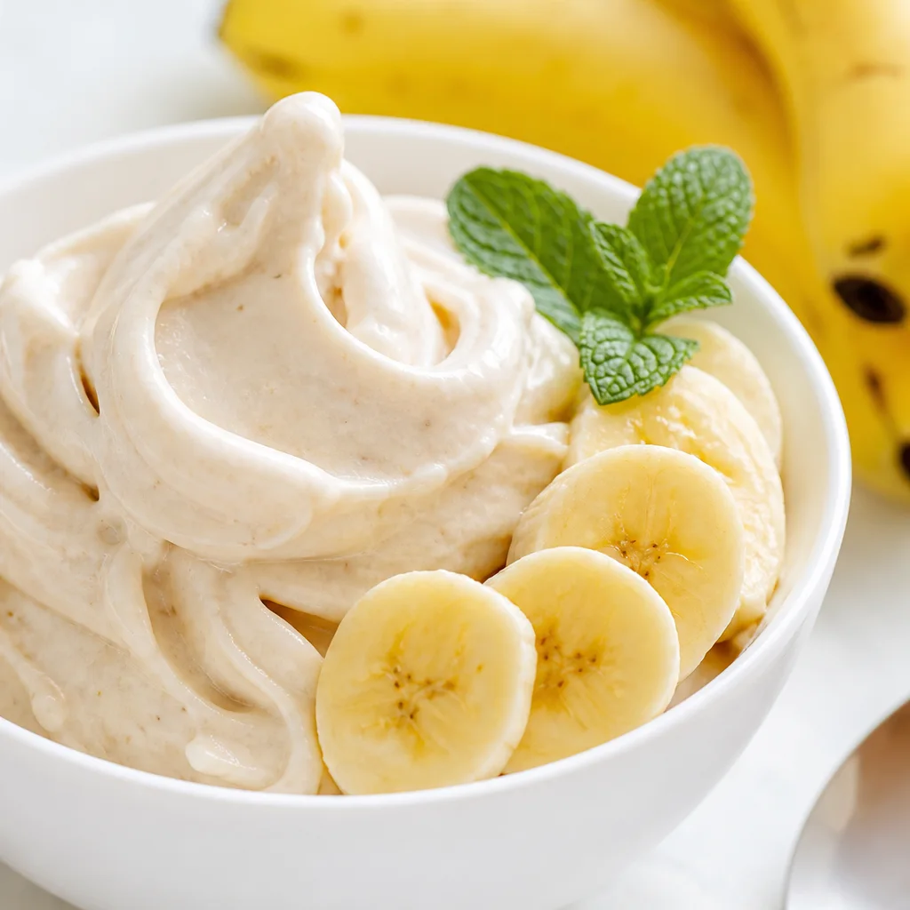Creamy banana nice cream scooped in a bowl with fresh banana slices