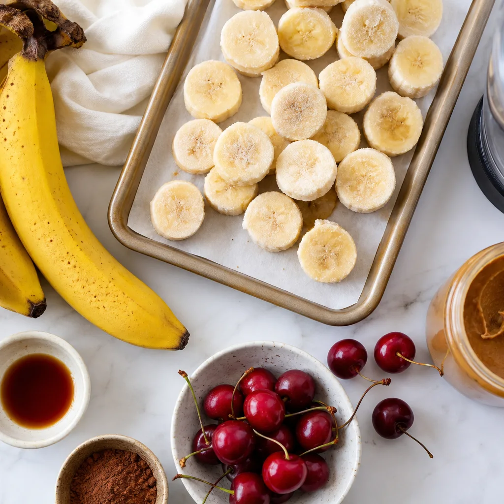 Banana ice cream ingredients including ripe bananas, frozen slices, and flavor mix-ins
