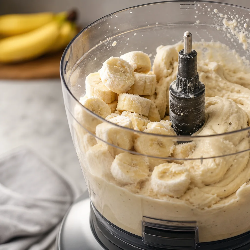 Frozen banana slices blending into creamy banana ice cream in a food processor