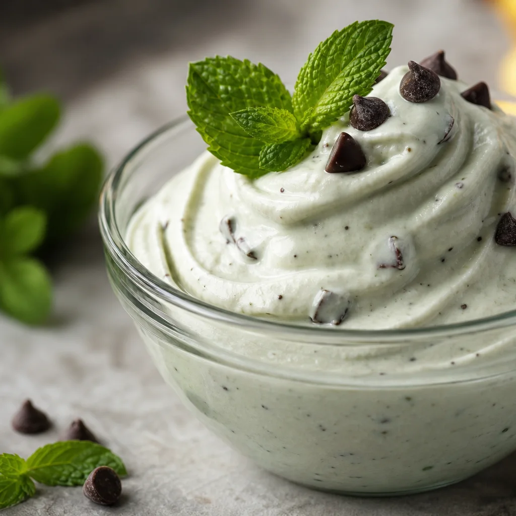Mint chip banana nice cream with dairy-free chocolate chips in a glass bowl
