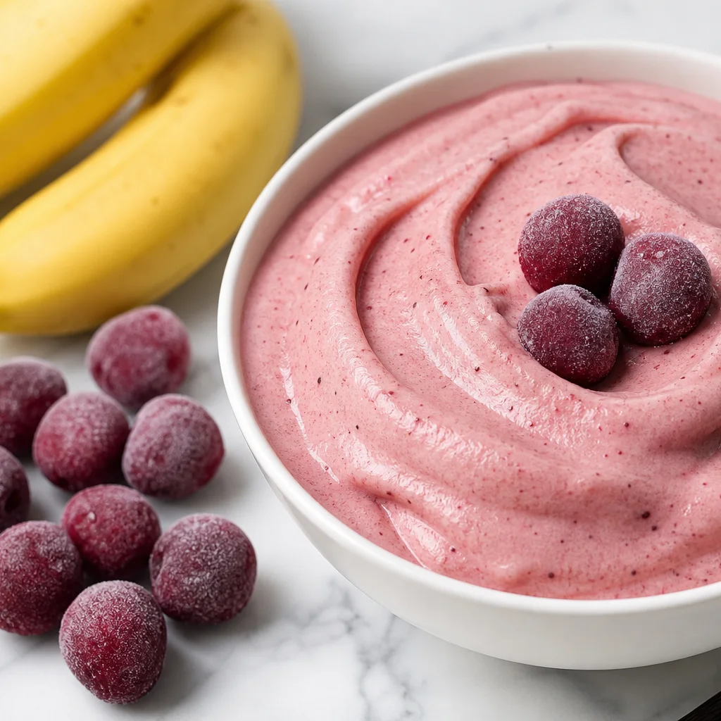 Cherry vanilla banana nice cream with frozen cherries in a white bowl